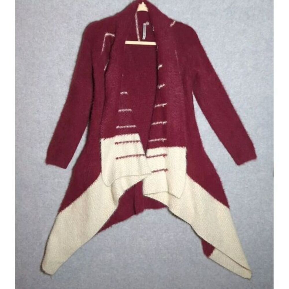 Aztec Burgundy Open Waffle Cardigan Sweater Southwest Womens Large‎ Boho Pockets
